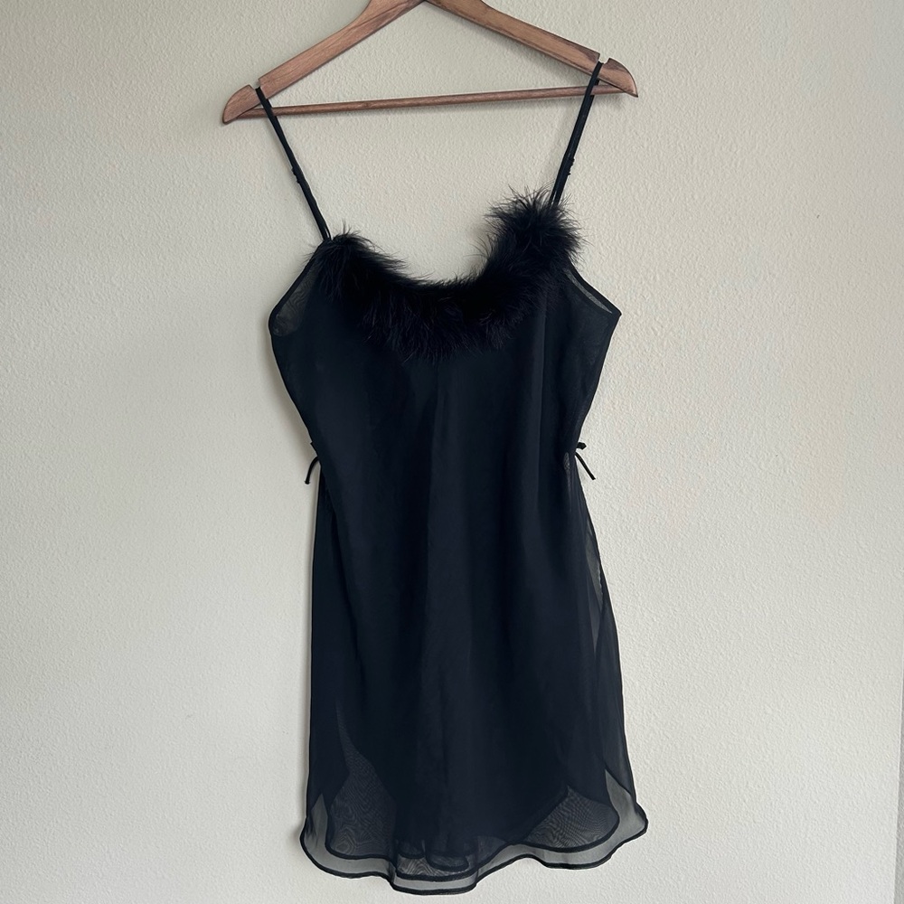 Fantasies by Morgan Taylor Black Sheer Feather Trim Lingerie Dress M Romantic